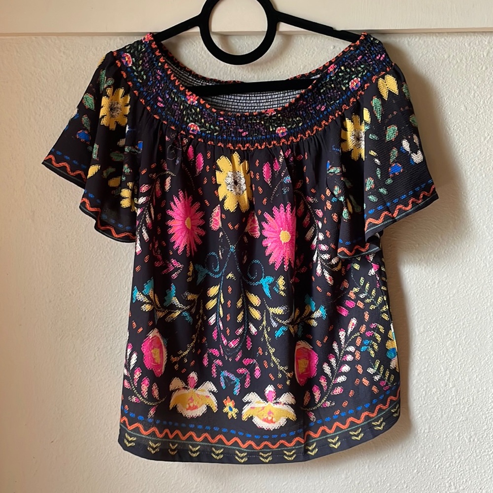 Vintage flying tomato floral printed ruffled sleeved blouse